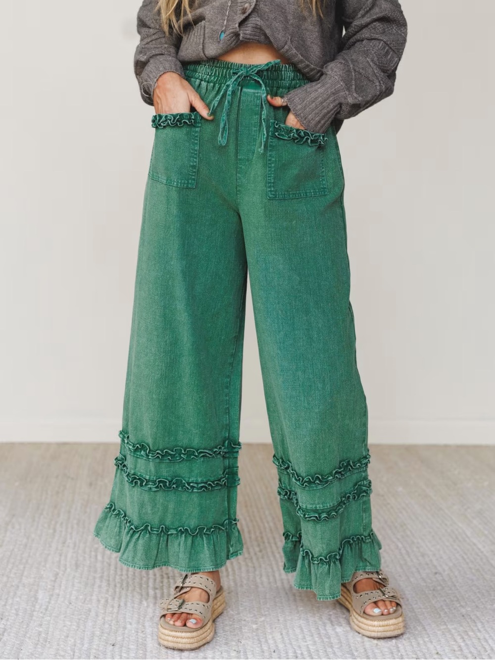 Three Bird Nest Green Ruffle Hem Wide-Leg Pants